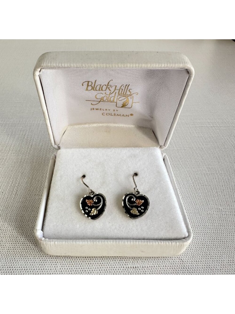 Black Hills Gold Sterling Onyx Heart Earrings Coleman 12K Grape Leaf Dangle
